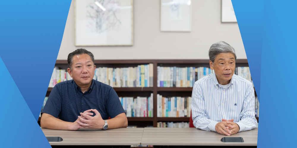 賃貸オフィスの利用についてのインタビューに応じる新日本ビルサービス株式会社 代表取締役社長 関根一成氏と取締役 照井洋輔氏